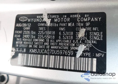 2013 Hyundai Tucson Limited z USA, uszkodzony, nr VIN KM8JUCAC7DU597659